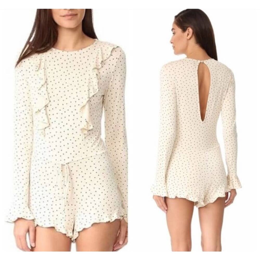 For Love & Lemons Romper Emmanuelle Polka Dot Skivvies Small Ruffle Pajama Prep
